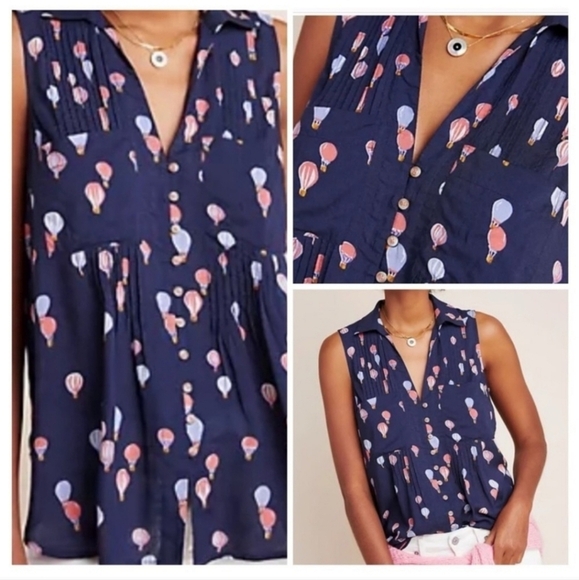 MAEVE BY ANTHROPOLOGIE SLEEVELESS NOVELTY PRINT  HOT AIR BALLOON BLOUSE SIZE XS - Picture 2 of 10